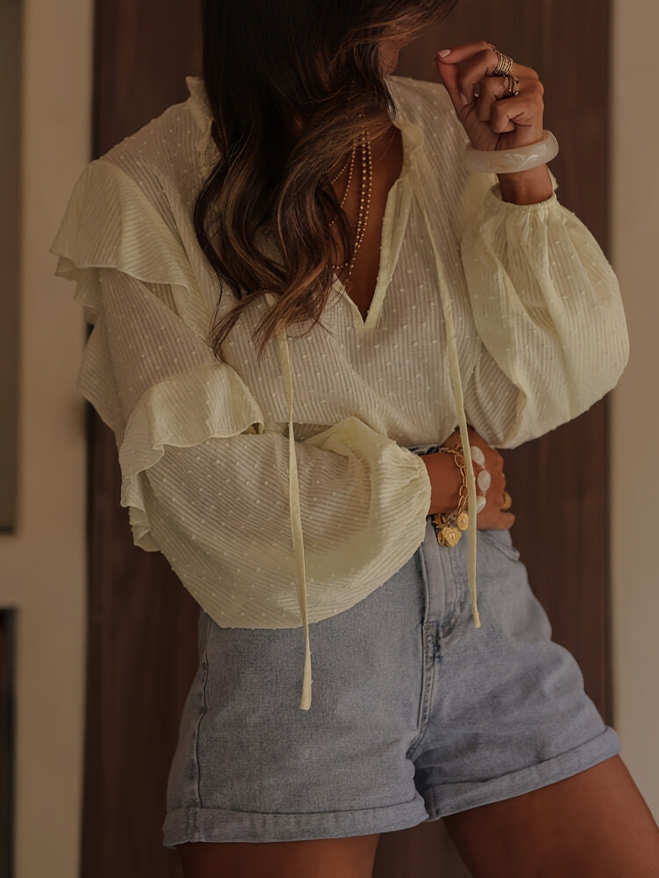 Spring New Arrival Loose-Fit Lace-Up Collar Commuter Shirt Versatile And Chic Pullover Top
