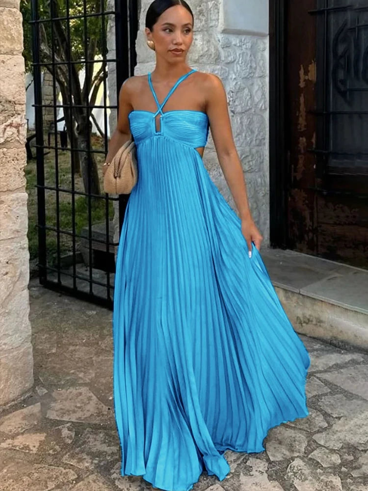 Blue Pleated Halter Maxi Dress