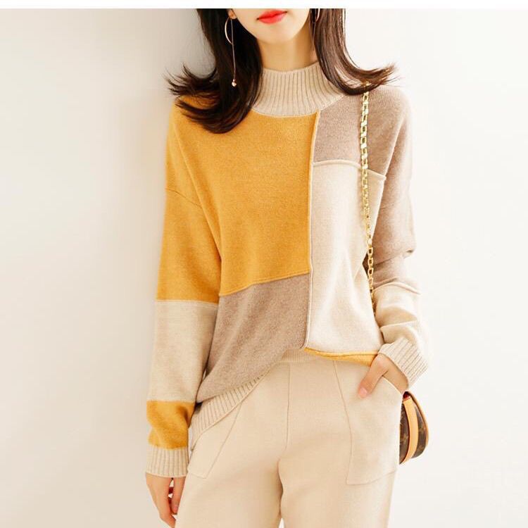 Contrast Color Idle Style Loose Pullover Fashion Commuter Simple Half Turtleneck Korean Style Sweater