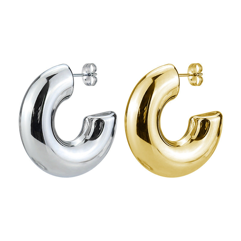 Europe And The United States Senior Sense Of Ladies Stainless Steel Hollow Earrings Trend Of 18K Gold-plated Titanium Steel Thickening Personality Earrings