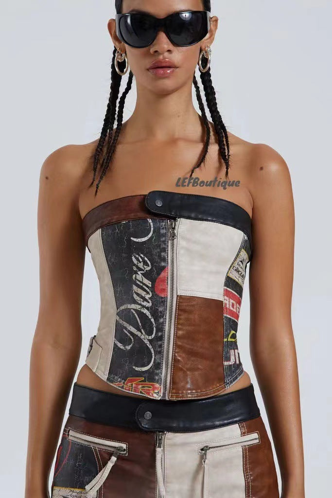 Stitching Racing PU Corset Mini Skirt