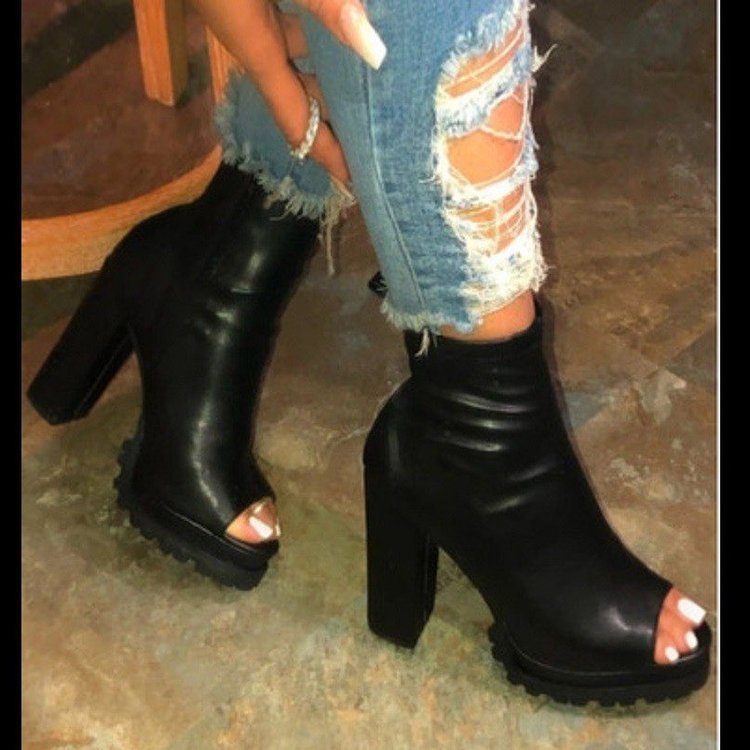 Heels Sandals Open Toes Large Side Zipper Fish Chunky Heel Sandals