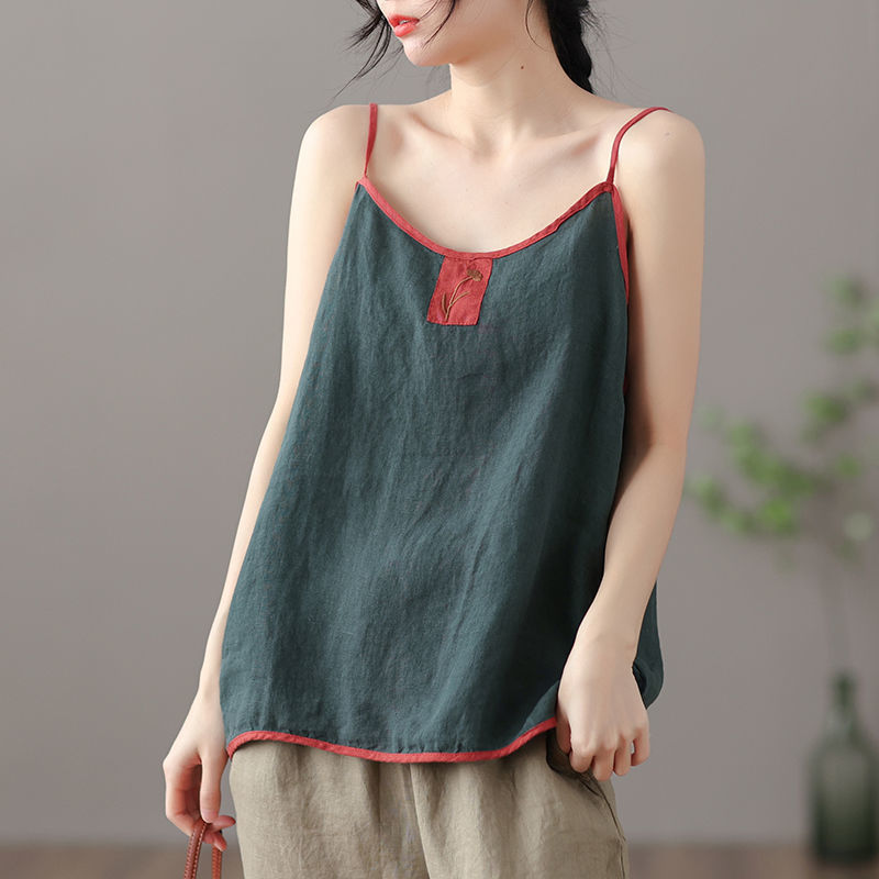Summer Thin Cotton Linen Top Ladies Embroidered Vest