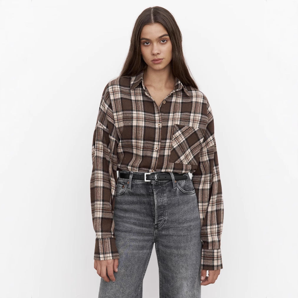 Retro Style All-match Plaid Lapel Long Sleeve Shirt