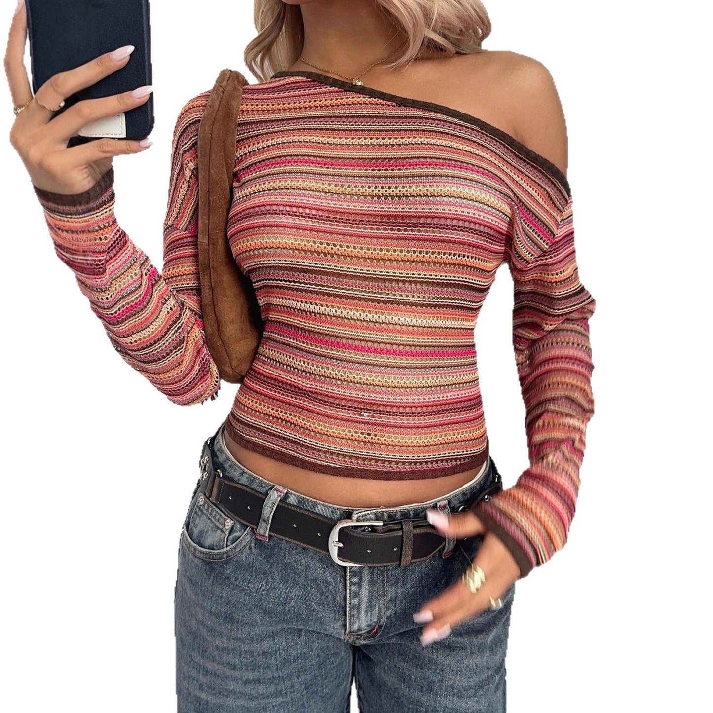 Contrast Color Striped Top With A Cold Shoulder Slash Neck Design And Long Sleeves