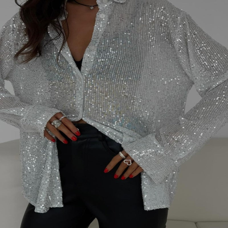 Elegant Women's Sequin Shirt - Stylish Long Sleeve Button-Up Blouse With Glitter Details, Perfect For Party & Casual To Formal Wear