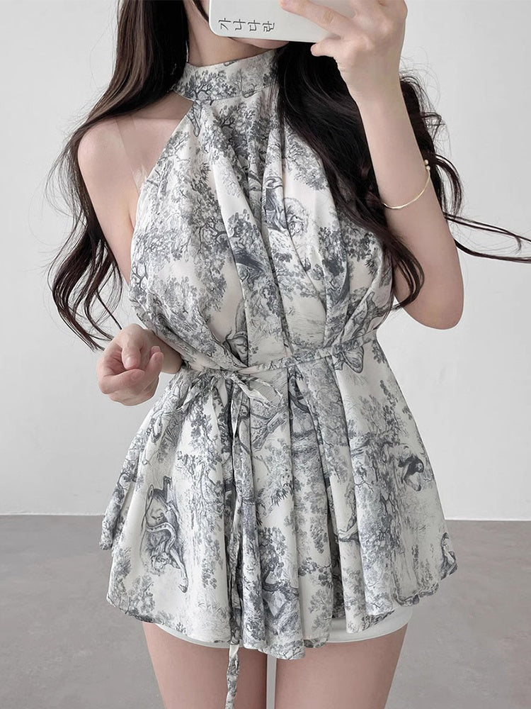 Vintage Stand Collar Ink Printing Lace-up Waist Halter Chiffon Shirt