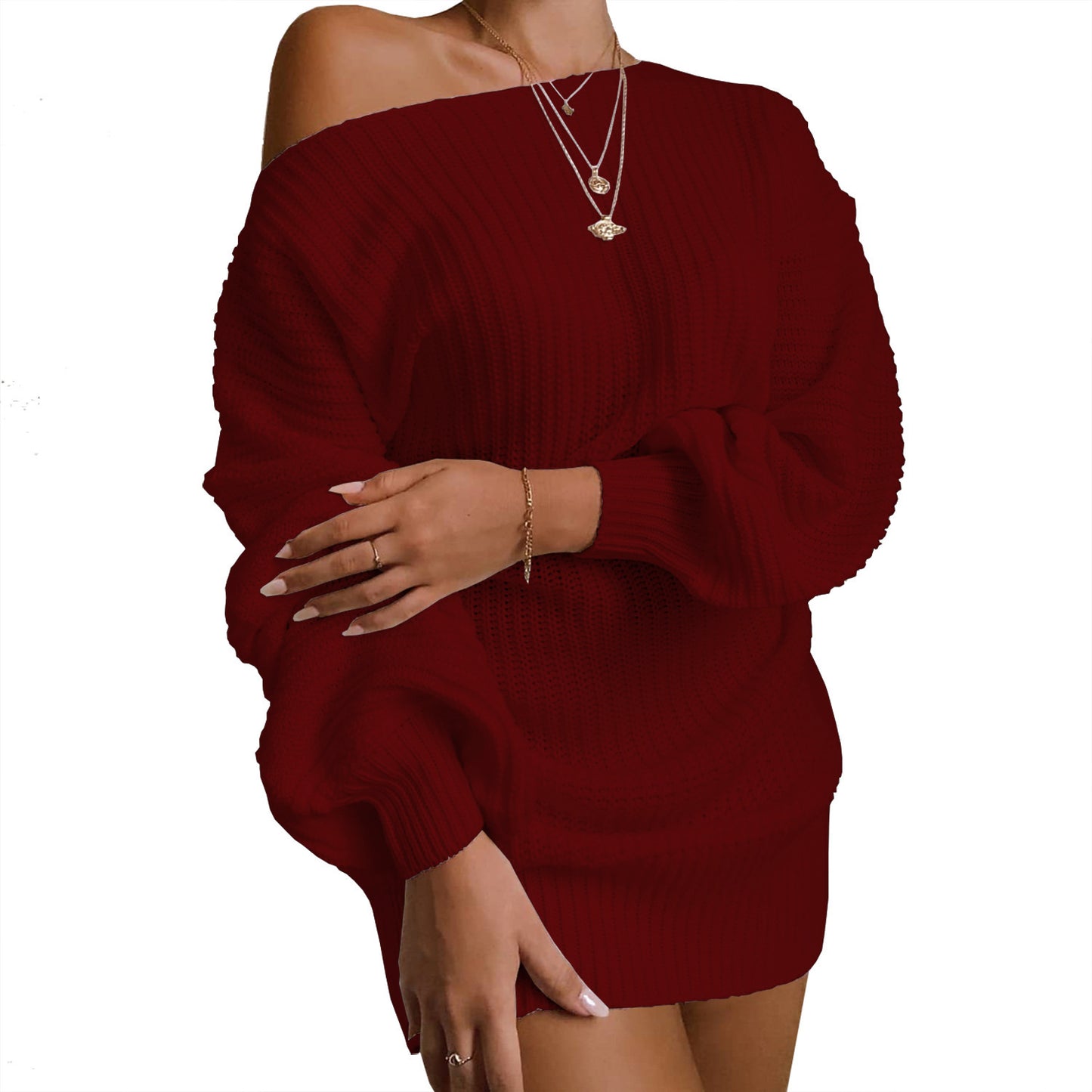 Off-the-shoulder Lantern Sleeve Knit Sweater Dress