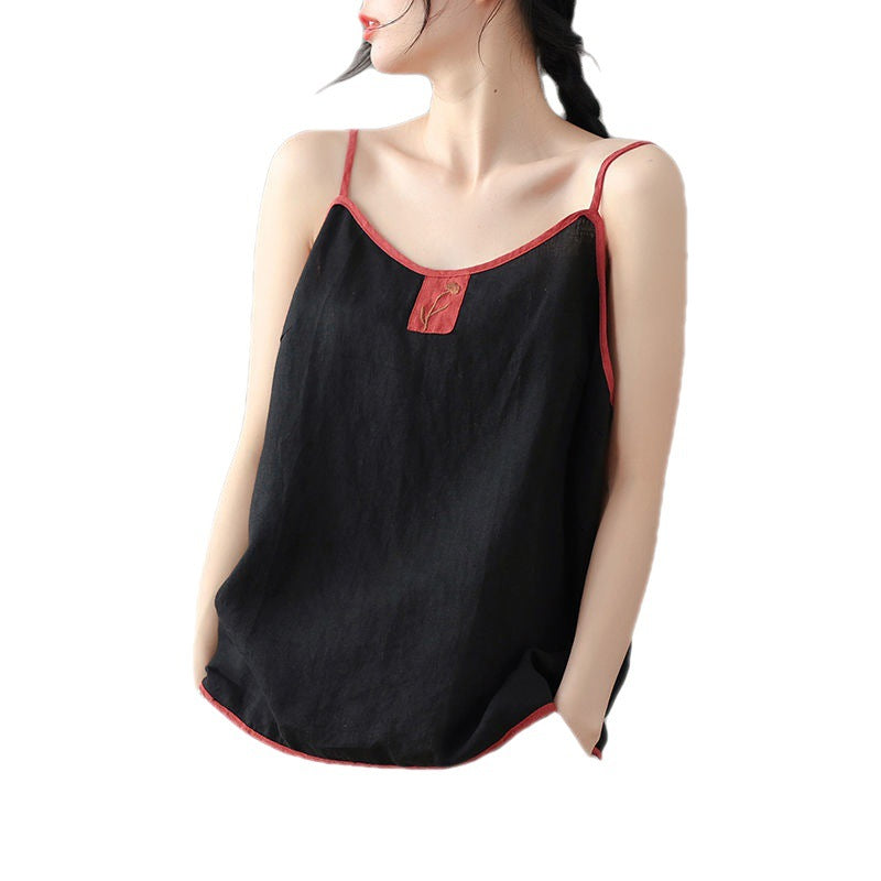 Summer Thin Cotton Linen Top Ladies Embroidered Vest