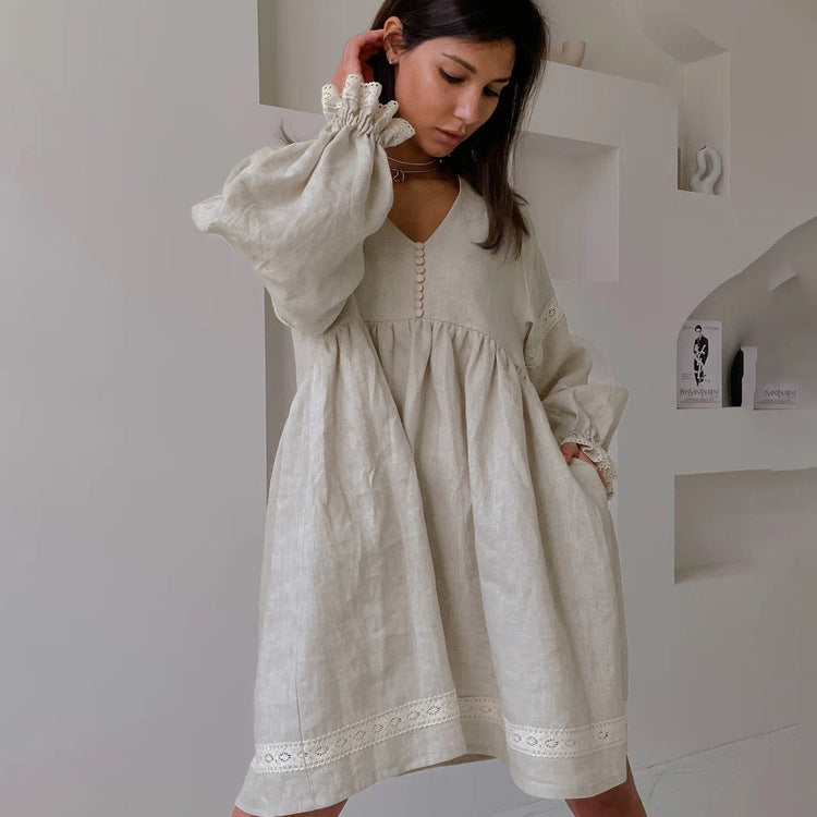 Cotton And Linen French Dress Temperament Commute V-neck Lantern Sleeve Loose Dress