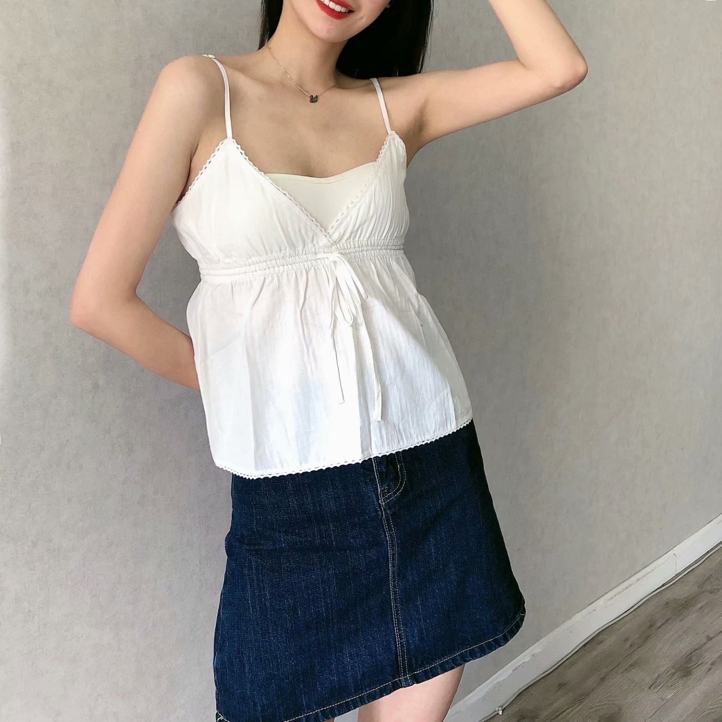 V-neck Lace Trim Tied Spaghetti-strap Women