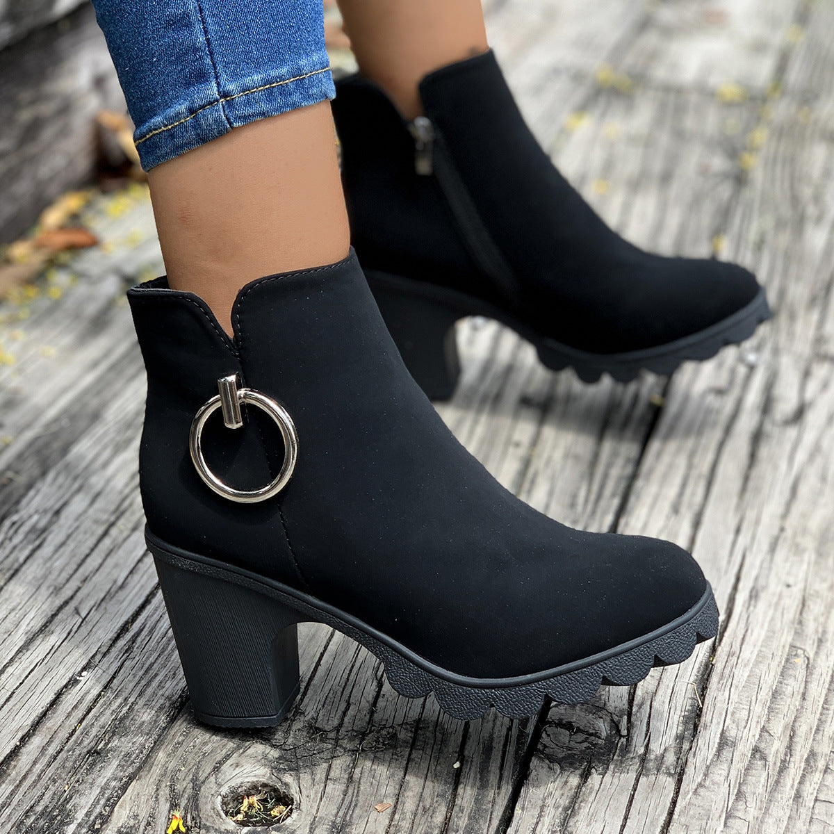 Chunky Heel Plus Size Side Zipper Round Head Ankle Boots High Heel Martin Boots