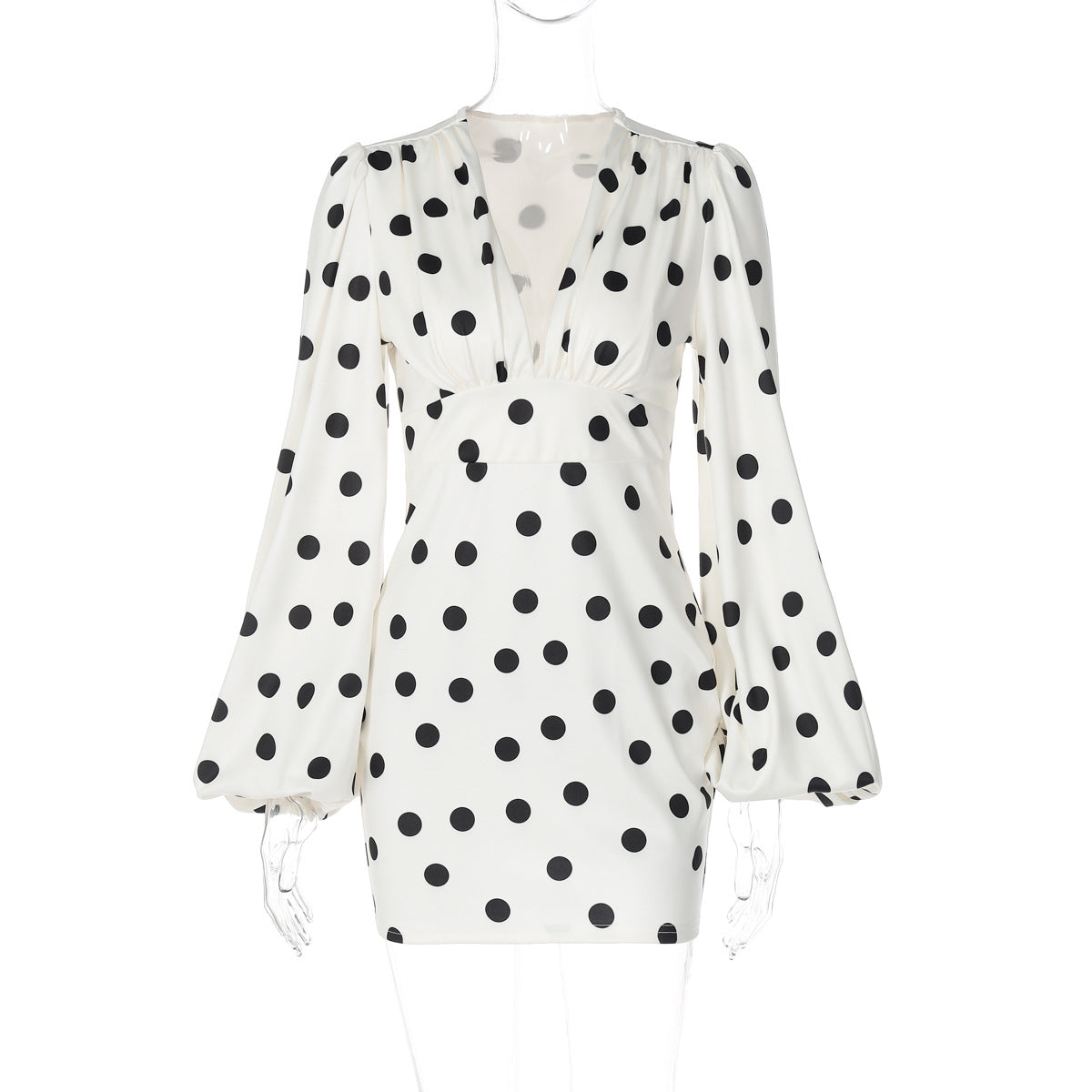 V-neck Flared-sleeve Bodycon Dress With A Polka-dot Print Specially Designed