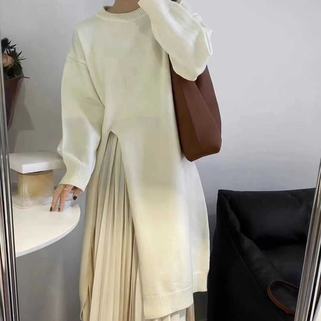 Spring, Autumn And Winter Loose Side Slit Long Knitted Sweater Dress