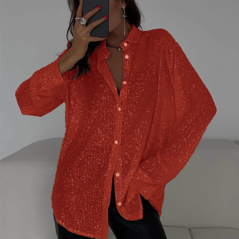 Elegant Women's Sequin Shirt - Stylish Long Sleeve Button-Up Blouse With Glitter Details, Perfect For Party & Casual To Formal Wear
