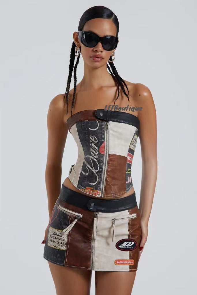 Stitching Racing PU Corset Mini Skirt