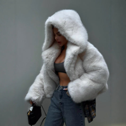 Hooded Faux Fur Coat With Fox Fur Trim