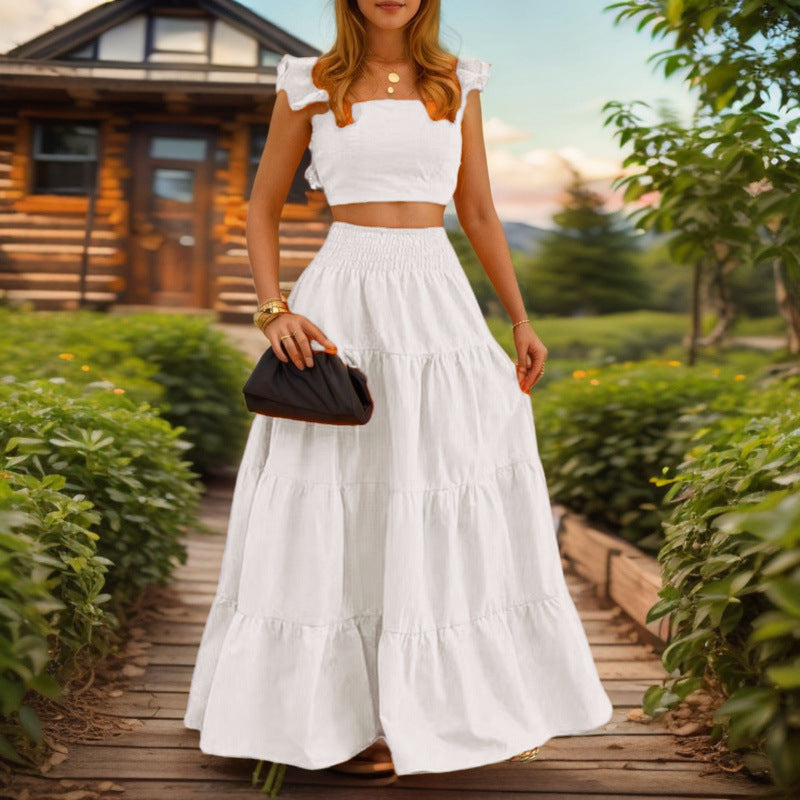 Chic Sexy Solid-color Mid-rise Slip Dress With A Flared Skirttwo-piece Set