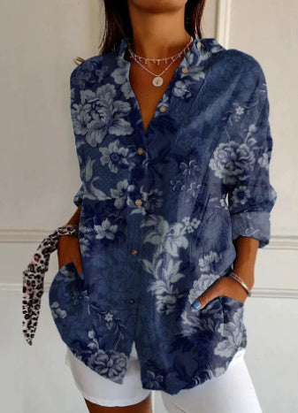 Women's Color Matching Casual Loose Button Digital Printing Shirt