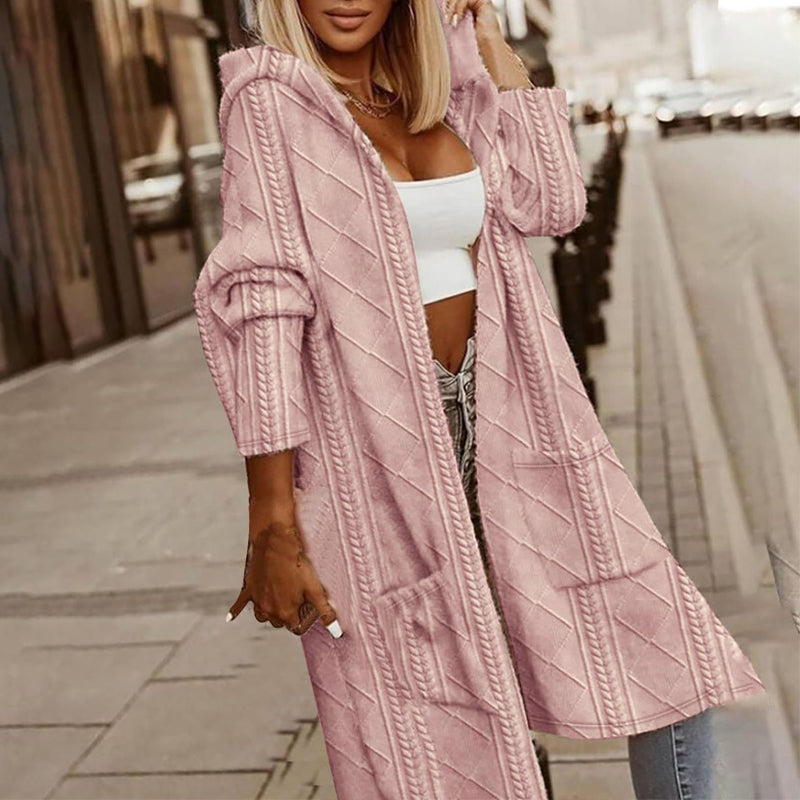 Women's Textured Hooded Longline Jacket, Solid Color Casual Oversized Top With Pockets For Fall & Winter