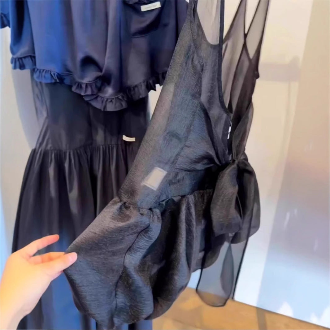 Beautiful Camisole Top Black U-collar Mesh Bud Bandage Dress Shirt Spring