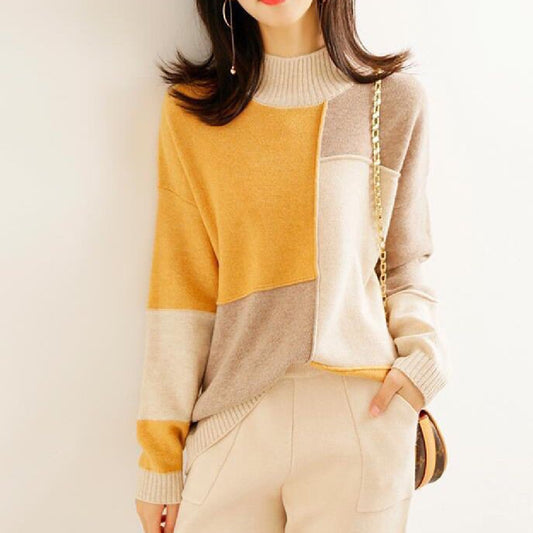 Contrast Color Idle Style Loose Pullover Fashion Commuter Simple Half Turtleneck Korean Style Sweater