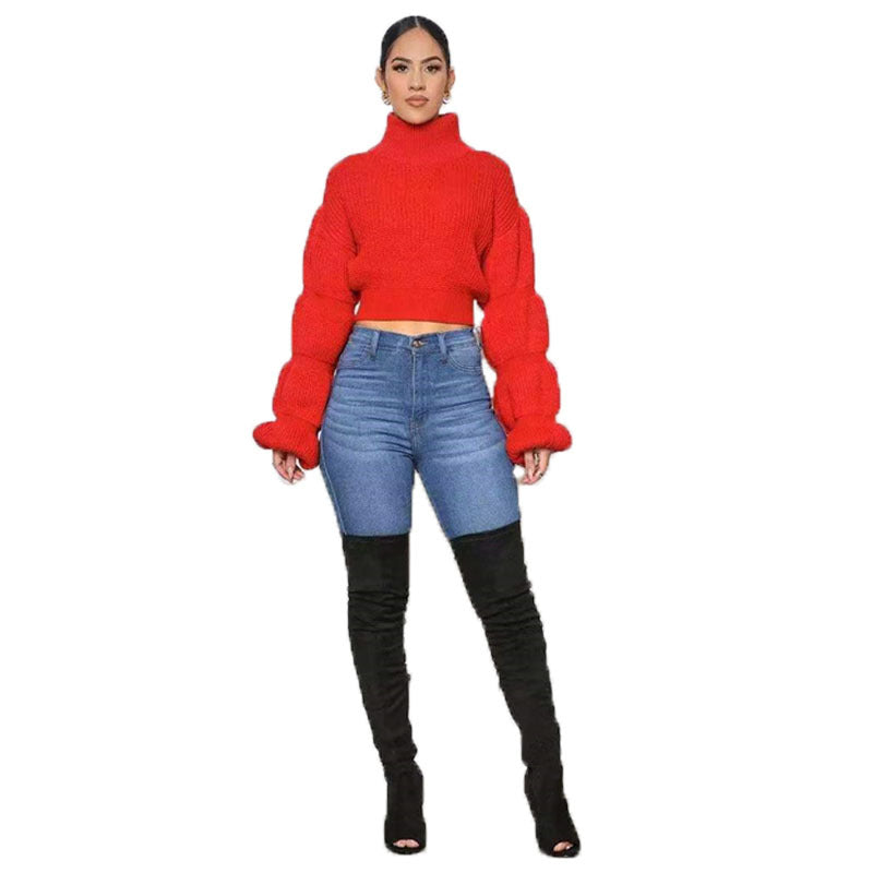 Women's Fashion Loose High Collar Puff Sleeve Knitted Sweater