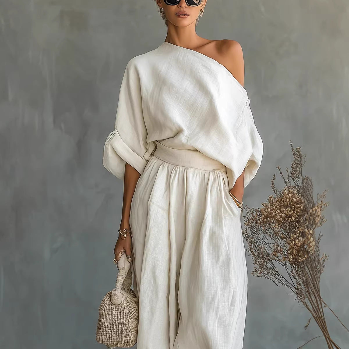 Womens Solid-Color Elegant Off-Shoulder Top And Pants Loose Two-Piece Set