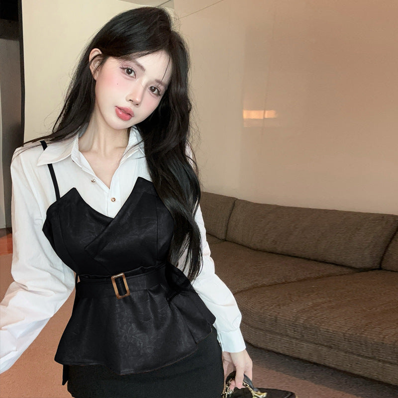 Stitching Leather Waist Trimming Spaghetti Straps Slim Fit Fake Two-piece Shirt