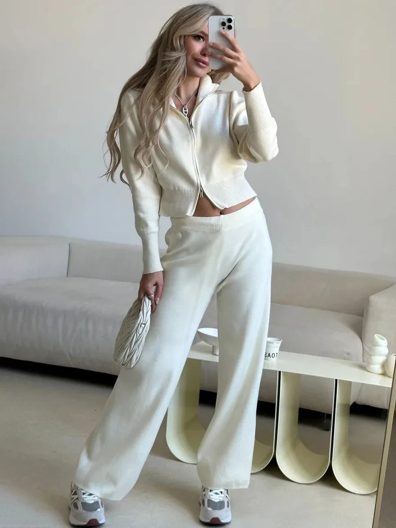 Knit Zip Cardigan Wide Leg Pants Set