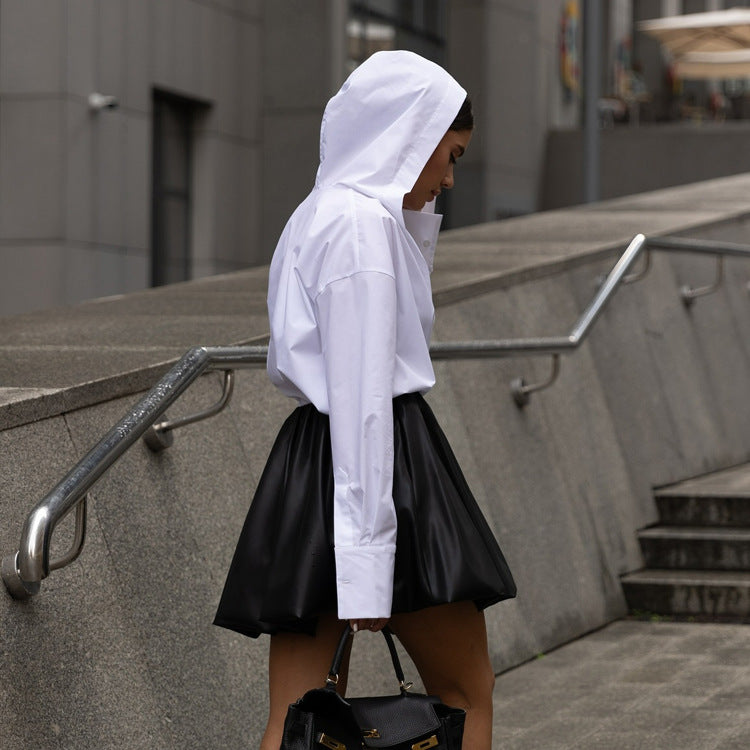 Cotton White Long Sleeve Hooded Shirt