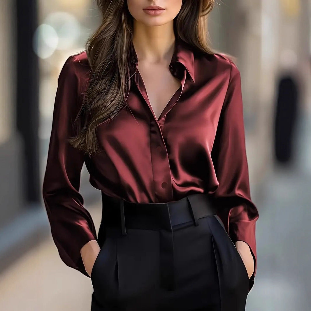 Solid Color Satin Fashion Elegant Long Sleeve Button Shirt Women's Clothing