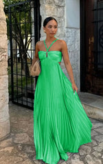 Blue Pleated Halter Maxi Dress