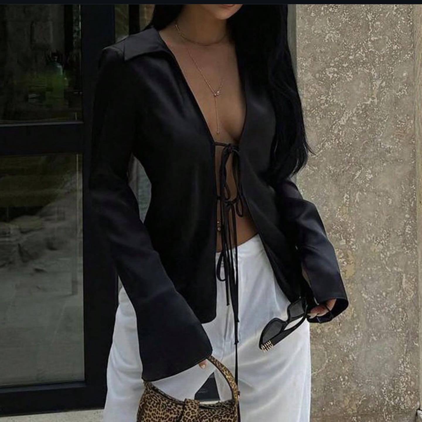 Fashion Bowknot Satin Long-sleeved Shirt