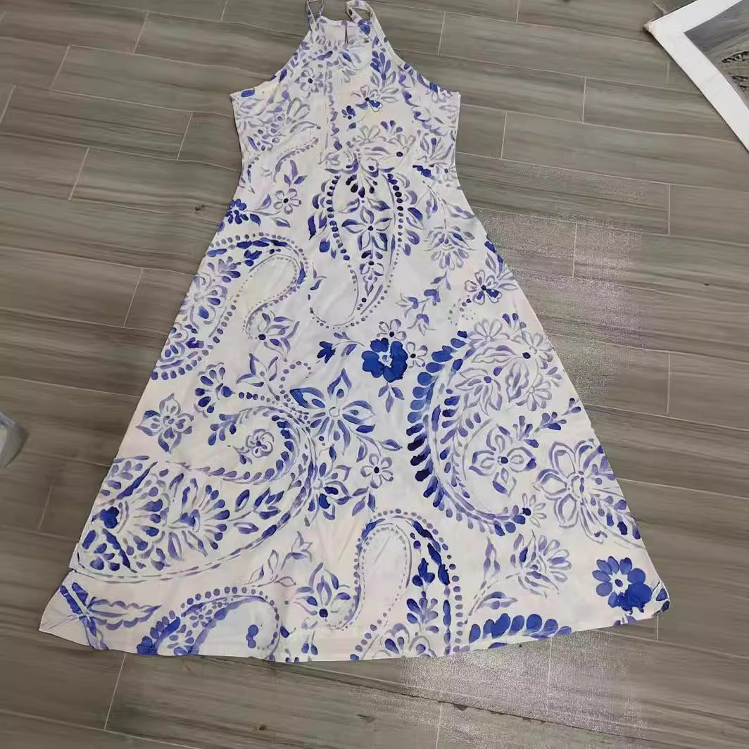 Women's Sleeveless Blue And White Porcelain Color Matching Long Comfortable Dress