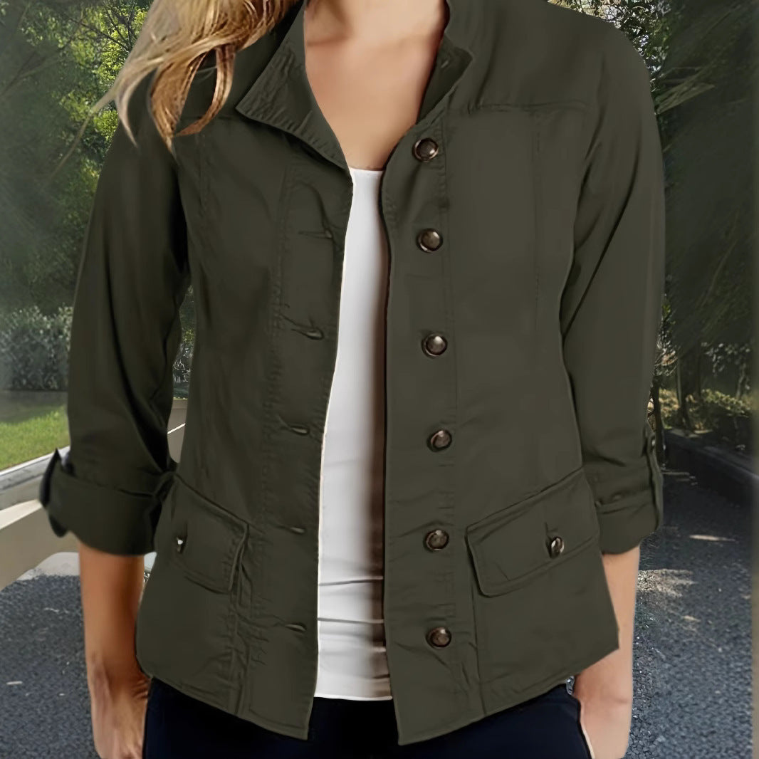 Fashion Solid Color Roll-up Sleeve Single-breasted Casual Jacket