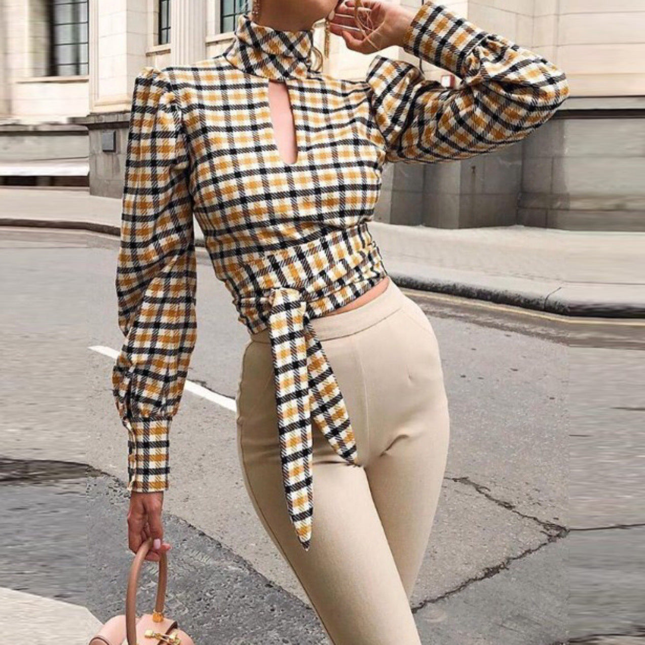 Women's Casual Backless Korean Version Versatile Checkered Top