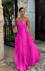 Blue Pleated Halter Maxi Dress
