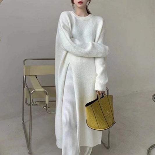 Spring, Autumn And Winter Loose Side Slit Long Knitted Sweater Dress