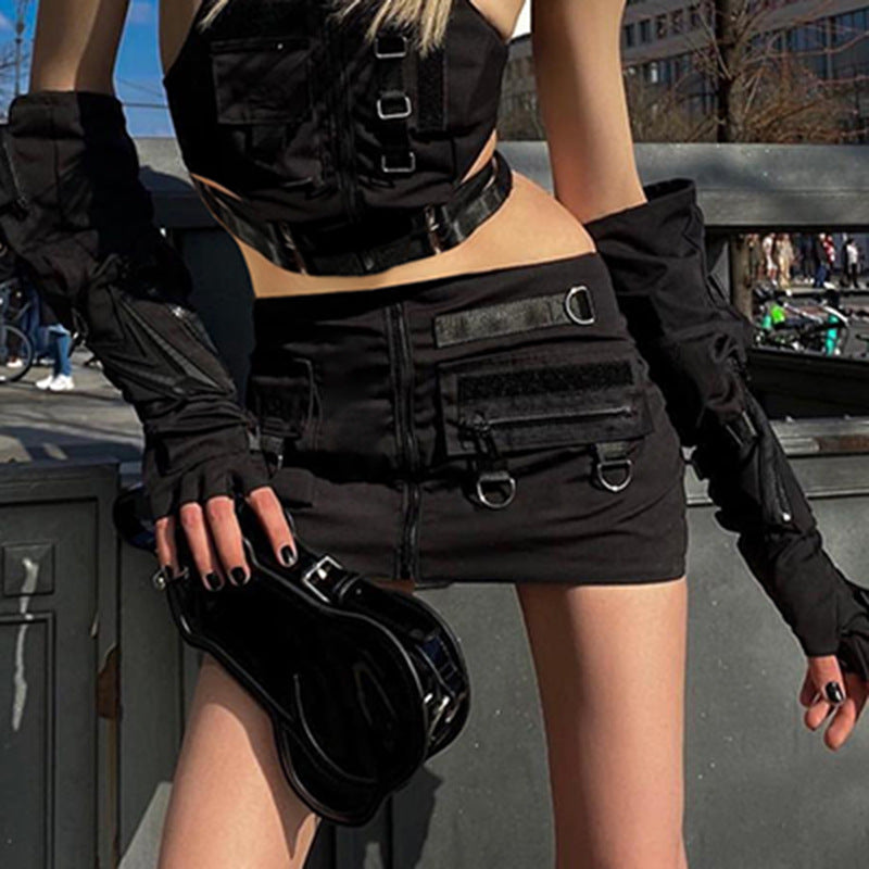 Punk Fashionmonger Personalized Asymmetric Stitching Metal Buckle Hip Skirt Sexy Hot Girl Skirt