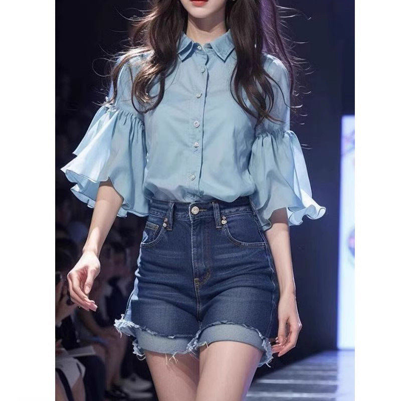 Niche Blue Bell Sleeve Chiffon Shirt