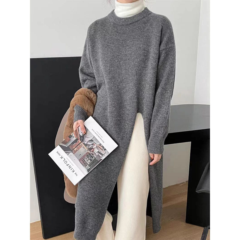 Spring, Autumn And Winter Loose Side Slit Long Knitted Sweater Dress