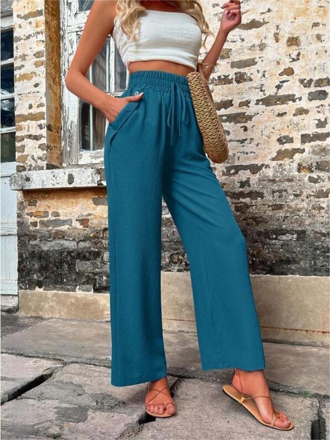 New Casual Pants With Pockets Elastic Drawstring High Waist Loose Trousers For Women