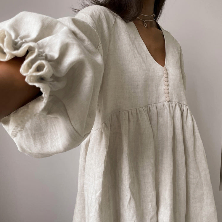 Cotton And Linen French Dress Temperament Commute V-neck Lantern Sleeve Loose Dress