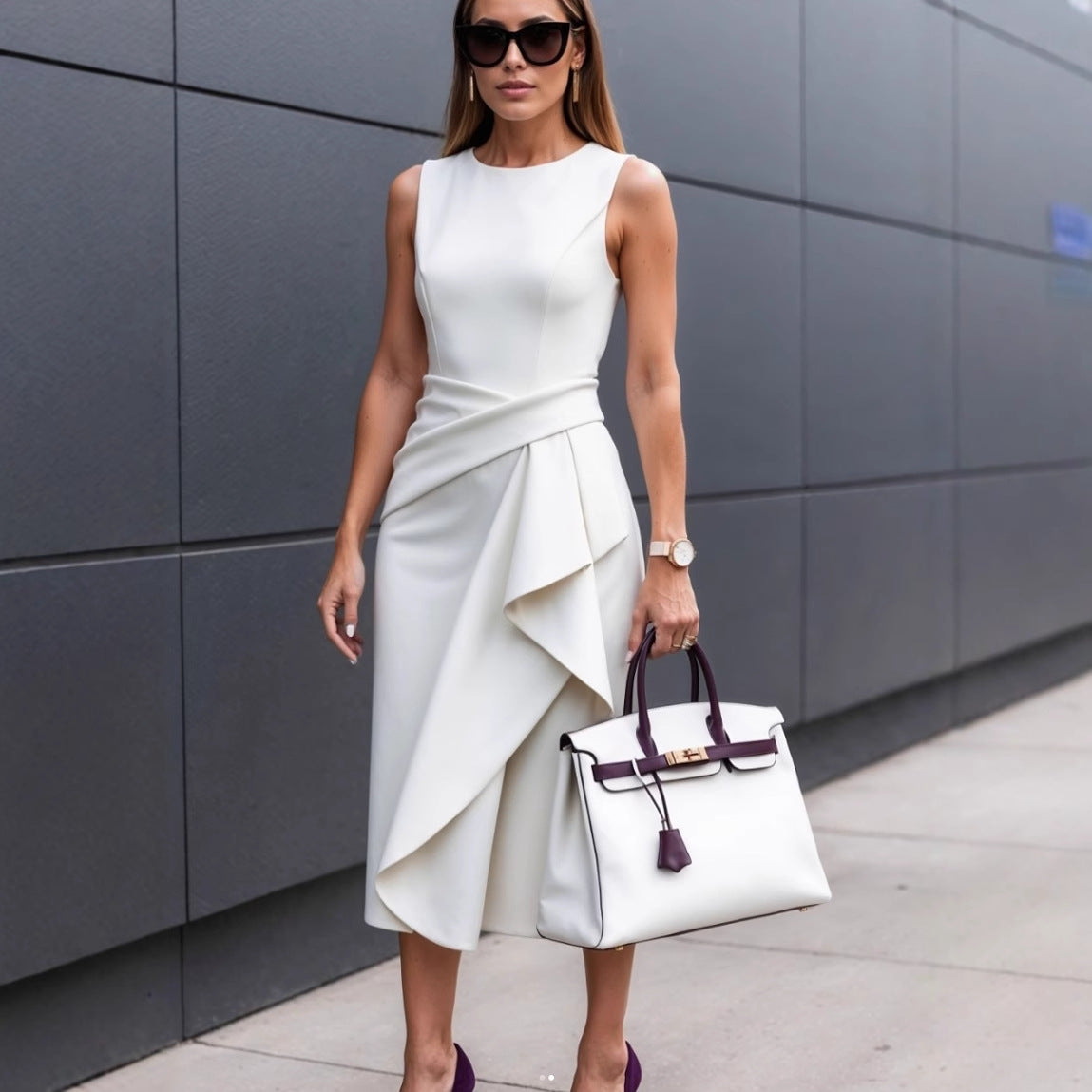 Summer Solid-Color Elegant Waist-Cinching Sleeveless Asymmetrical Dress
