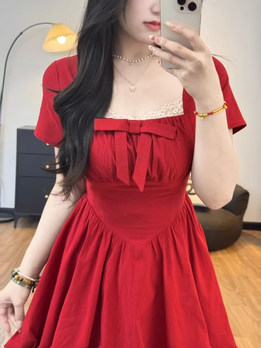 Plus-size French-style Vintage Square-neck Dress With A Bow