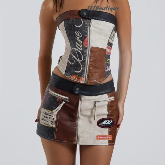 Stitching Racing PU Corset Mini Skirt