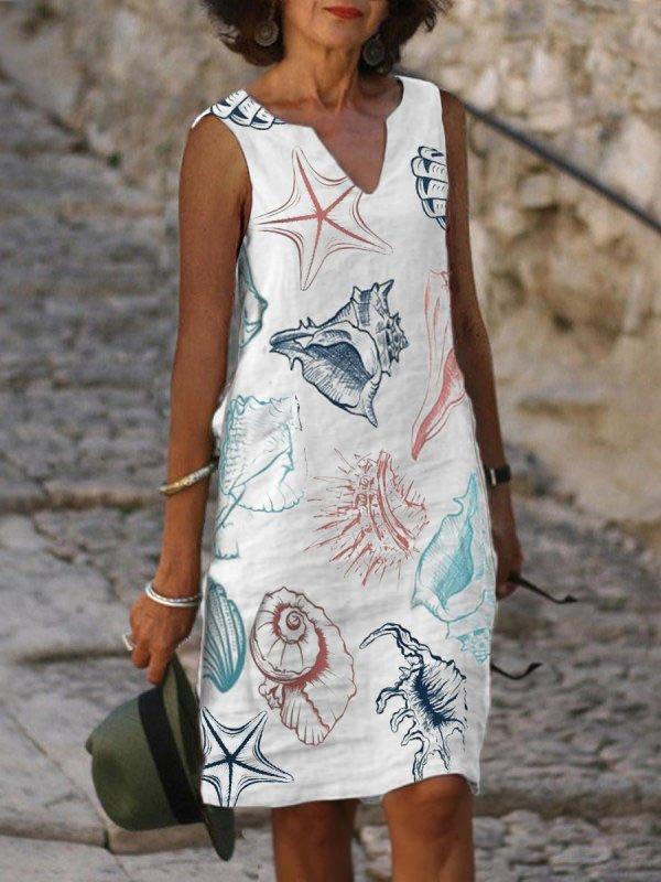 Printed V-neck Sleeveless Mid-length Dress Women