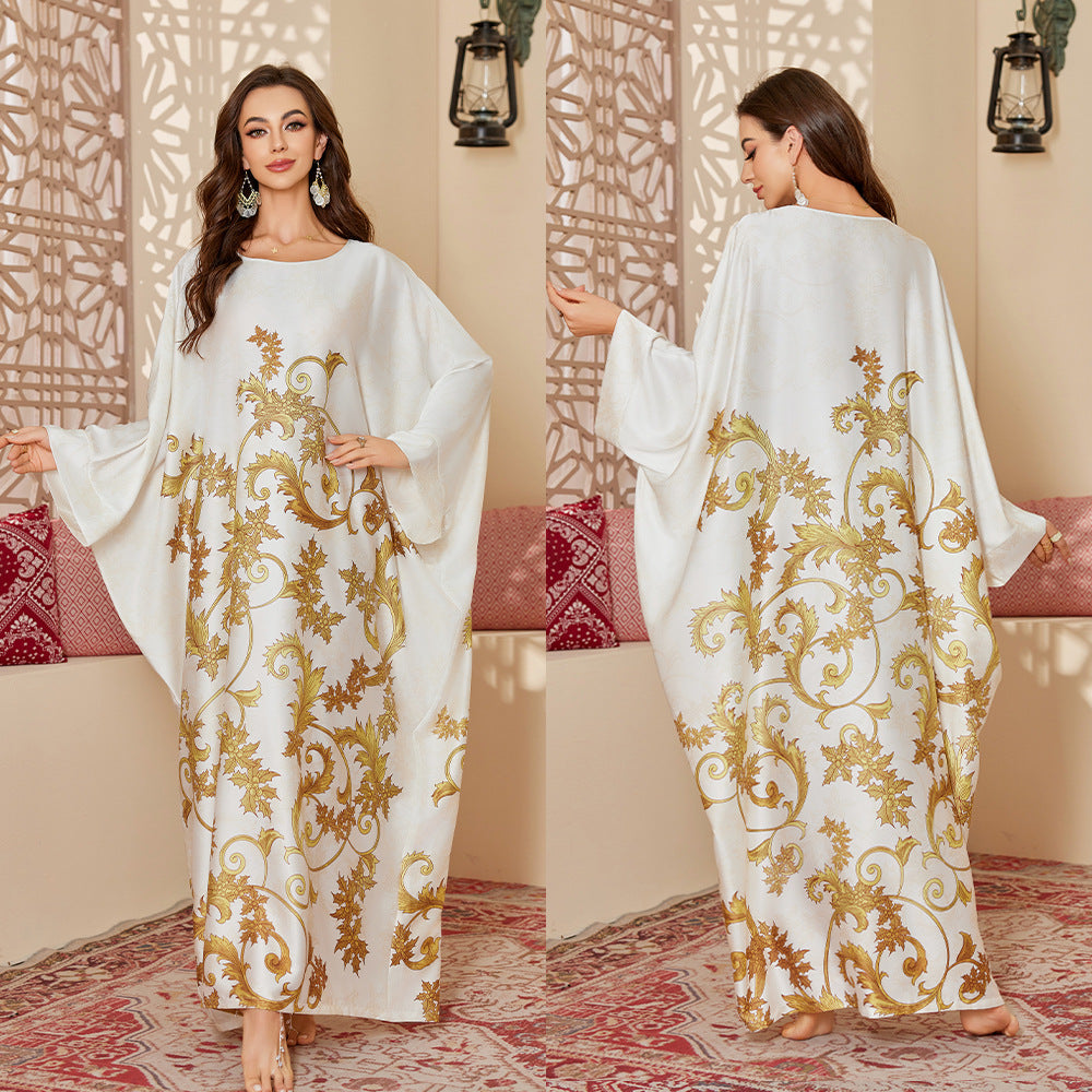 Womens Satin Chiffon SpringSummer Fashionable Printed Pullover Robe Long Nightgown