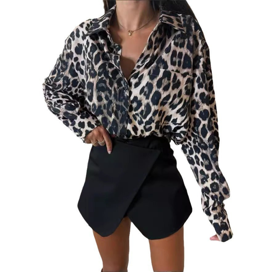 Vintage Leopard Print Lapel Single Breasted Loose Casual Long Sleeves Shirt